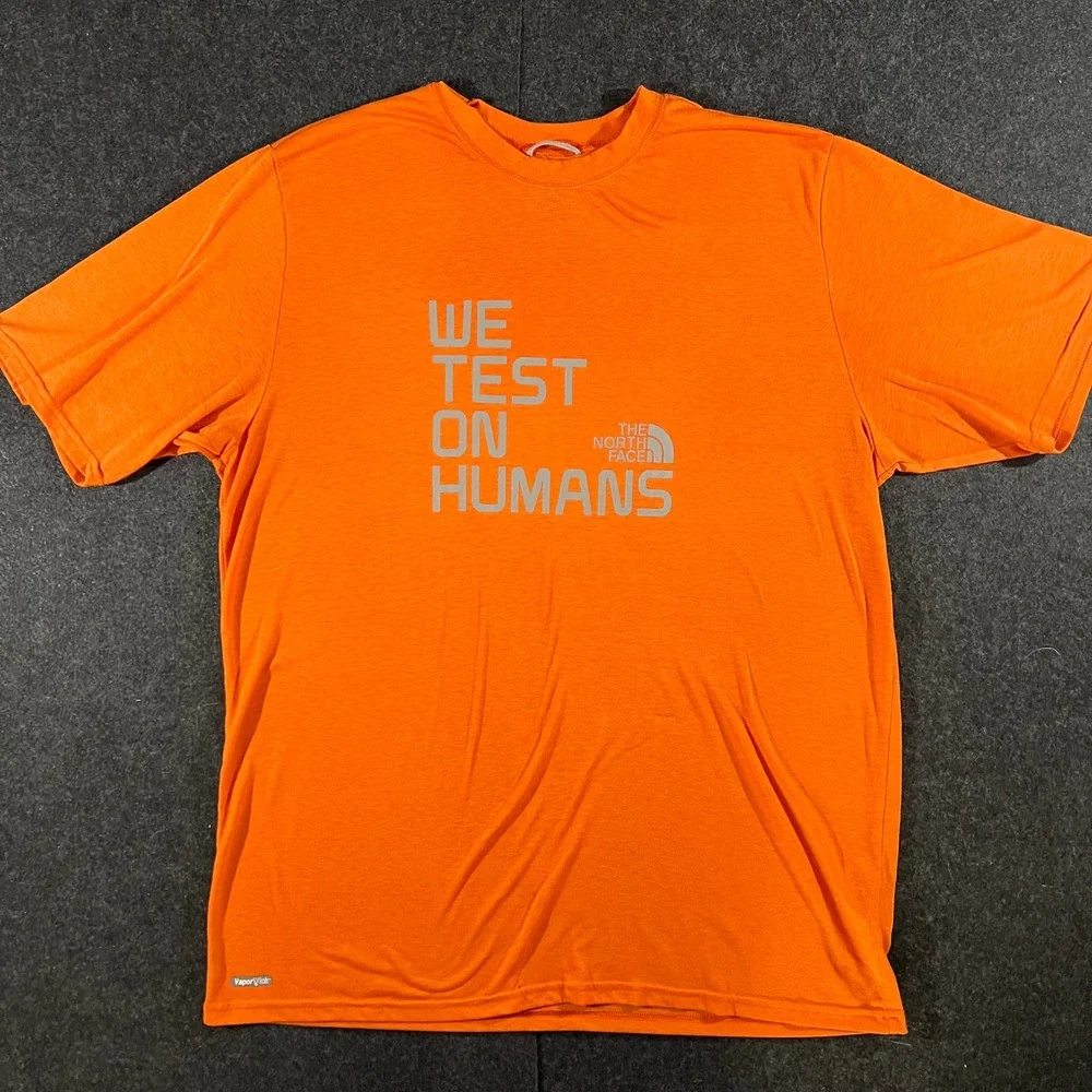 The North Face We Test On Humans Shirt Mens L Orange Graphic Tee Hiking